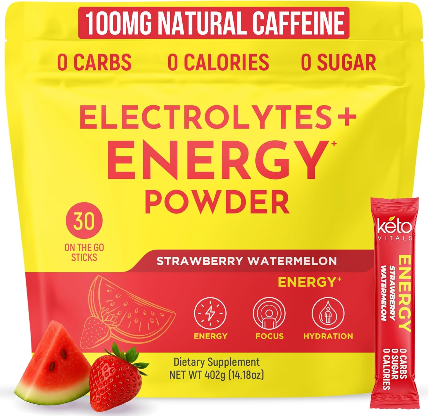 Keto Vitals Electrolyte Energy Drink Powder Packets - Electrolyte Supplement with 100mg Natural Caffeine, L Theanine & Organic Lion's Mane Extract - Strawberry Watermelon Keto Powder Packets, 30 Count