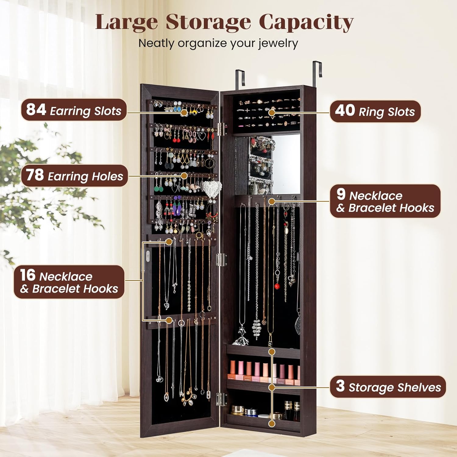 Giantex Wall Mounted Jewelry Cabinet with Full Length Mirror, Over The Door Jewelry Armoire Organizer with Large Storage, Makeup Mirror & Velvet Lining (Brown)