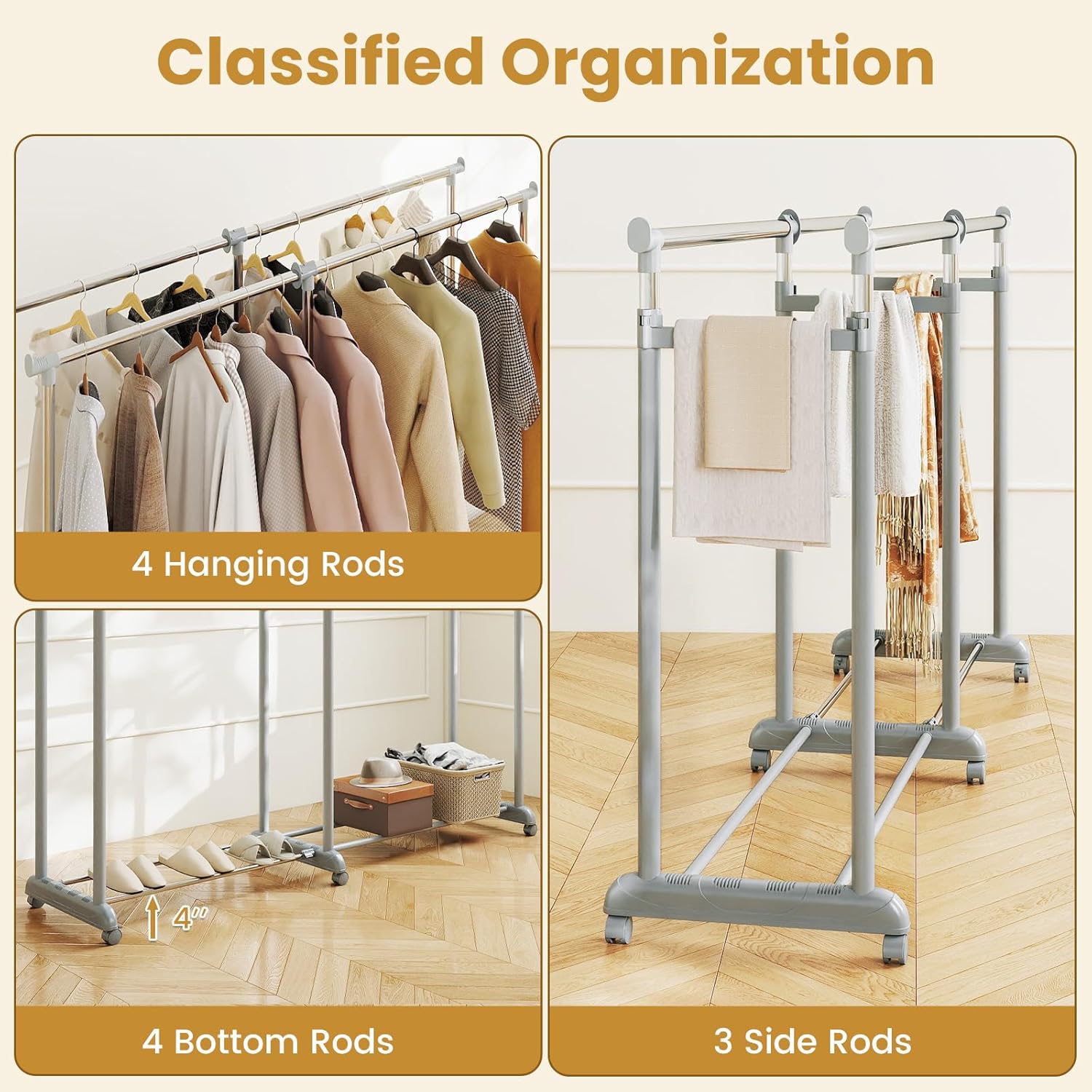 Tangkula Extendable Double Rods Garment Rack, Rolling Clothing Organizer with Adjustable Height & Width, Portable Closet Rack with Wheels, Heavy Duty Foldable Metal Clothes Rack for Bedroom & Laundry