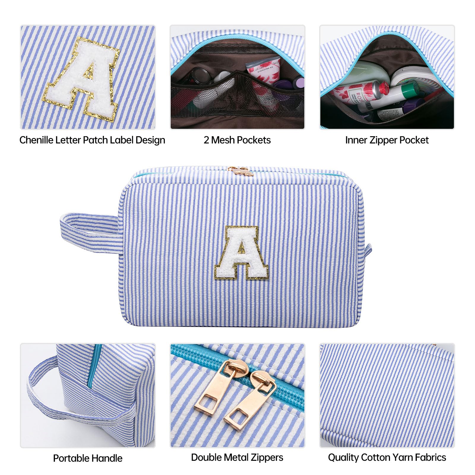 Long Keeper Travel Make Up Bag Letter Cosmetic Bag Large Toiletry Bag with Handle Portable Striped Makeup Bags Cosmetic Organizer Girls Pencil Case - Image 3