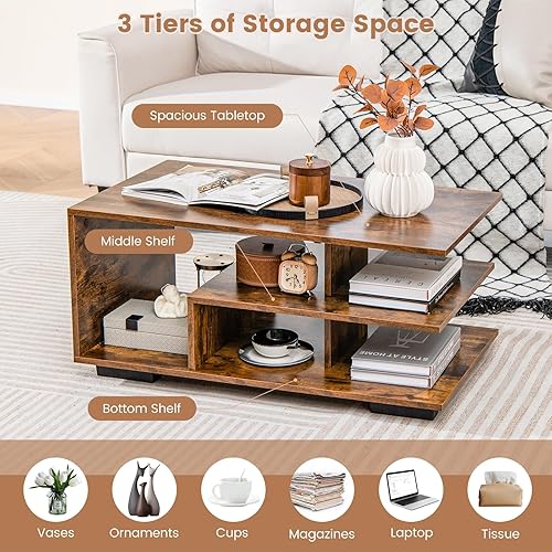 Miniatura 4 de Giantex Mesa auxiliar con almacenamiento, moderna mesa rectangular con estante central en forma de L, versátil mesa de cóctel de 3 niveles, mesa