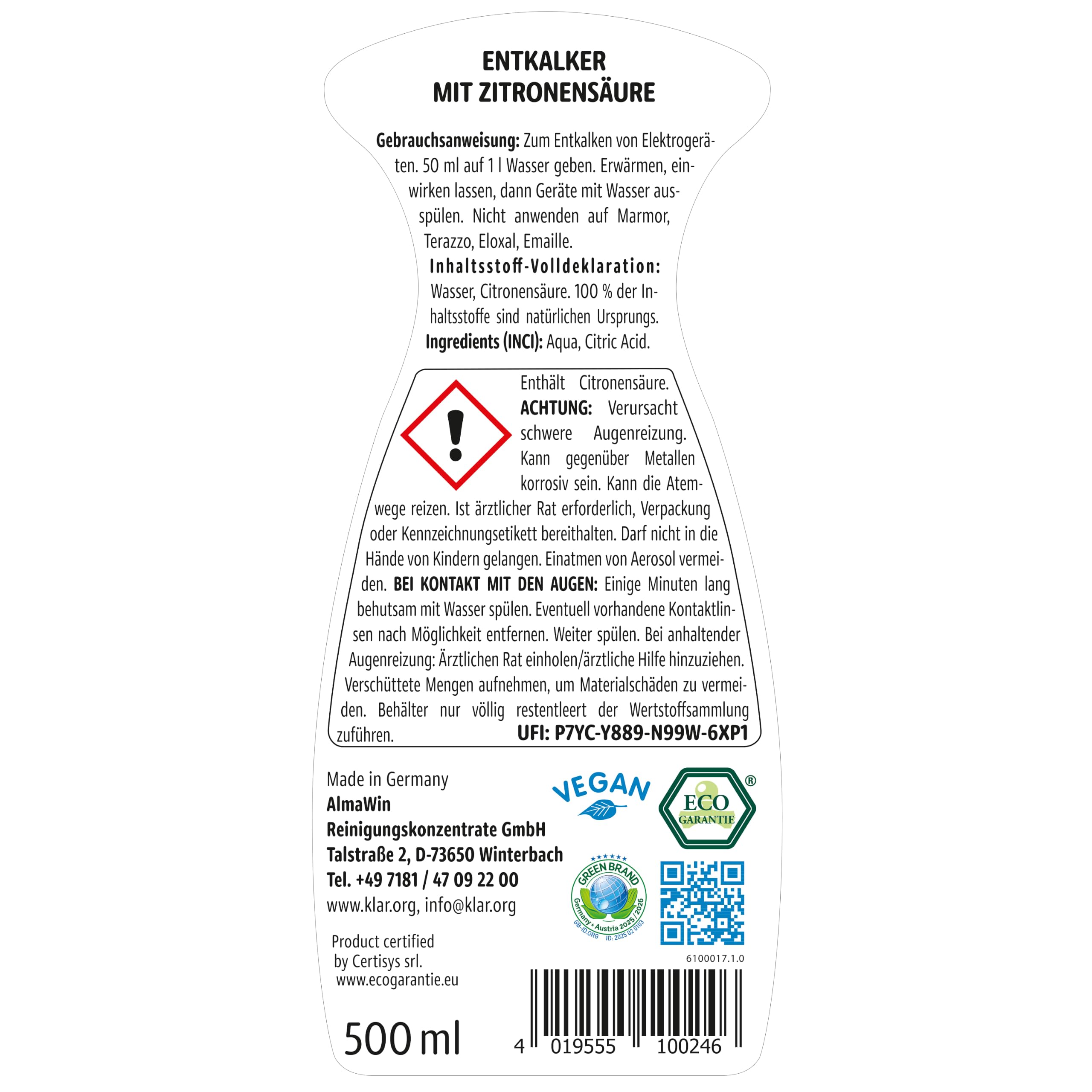 Klar EcoSensitive Entkalker mit Zitronensäure SENSITIV, 500ml - Flüssig | Zitronensäure Entkalker ökozertifiziert - Ideal zum Entkalken von Kaffeemaschine, Wasserkocher, Wasserhahn & Mehr - Vegan