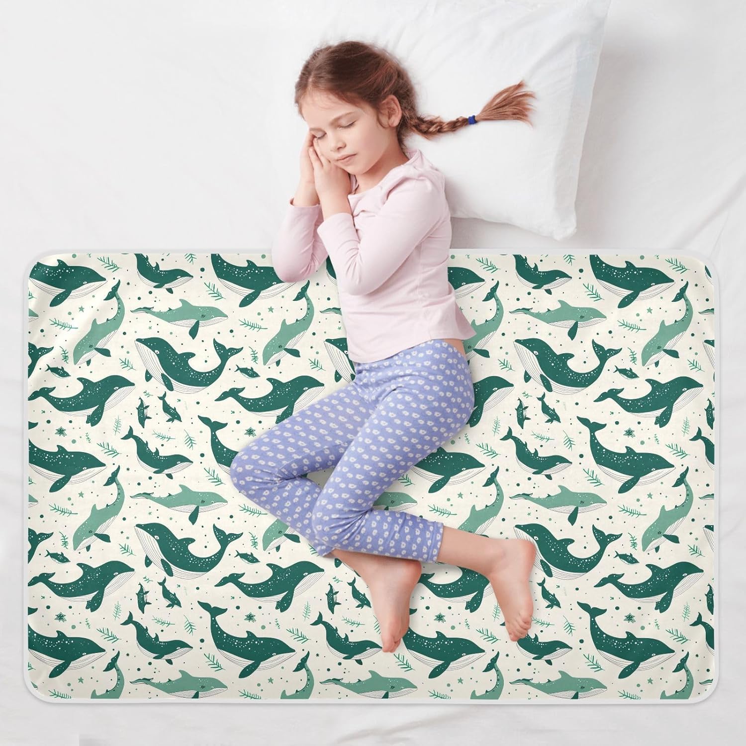 Emerald Green Playful Whale Extra Large Resuable Toddler Mattress Pads Waterproof Washable Potty Training Cover Machine Washable Cradle Mattress for Baby Boys Girls , 52" L x 34" W