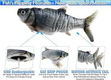 5 STAR SUPER DEALS Cat Flipping n Flopping Fish Cat Toy - Realistic Wiggling Interactive Automatic Motion Activate Motorized Plush Cat Toy - USB w/Catnip Pouch - 2 Speeds
