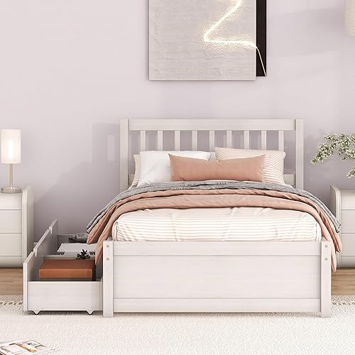 Miniatura 3 de Cama de tamaño matrimonial con estuche de almacenamiento, 2 cajones de almacenamiento, listones de soporte longitudinal, color blanco