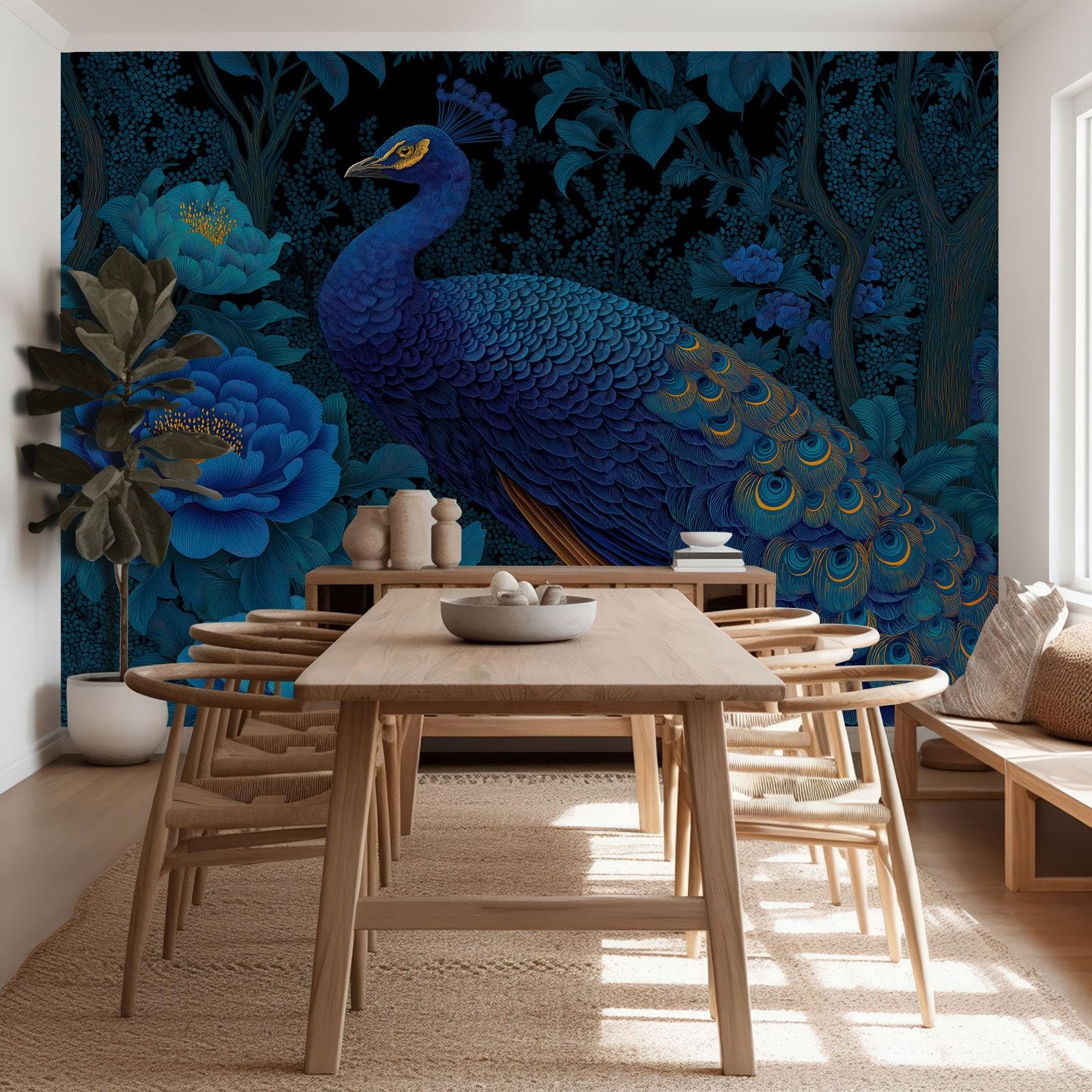 Tapeta panoramiczna Vintage Zwierzęta Paw Kwiatowy 350 cm x 256 cm Nowoczesna Ciemnoniebieska fototapeta do salonu sypialni - Tapeta ścienna XXL, Gigantyczny plakat do biura