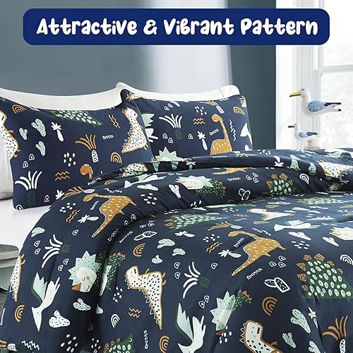 Miniatura 3 de HollyHOME Juego de edredón de 2 piezas tamaño individual para niños, bonito juego de ropa de cama de dinosaurio, 66 x 86 pulgadas