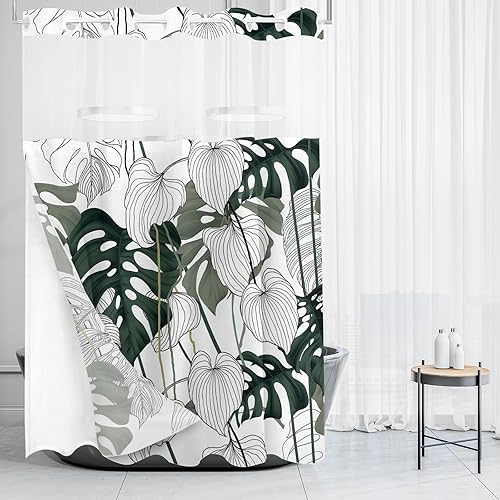 Miniatura 12 de Tititex Cortina de ducha rústica con forro floral rosa y azul, sin ganchos, doble capa, tela impermeable y transparente para ventana superior