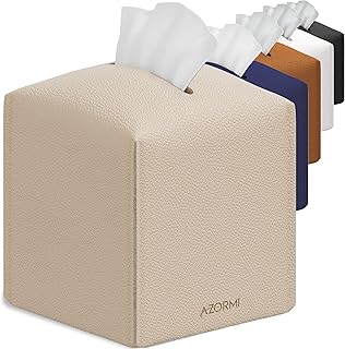 Faux Leather Tissue Box Cover Square-5”x5”x5” Tissue Holder with Bottom Belt-Decorative Square tissue box cover Beige-Tissue Cover with wide opening a perfect touch for Modern Home Decor(Beige)