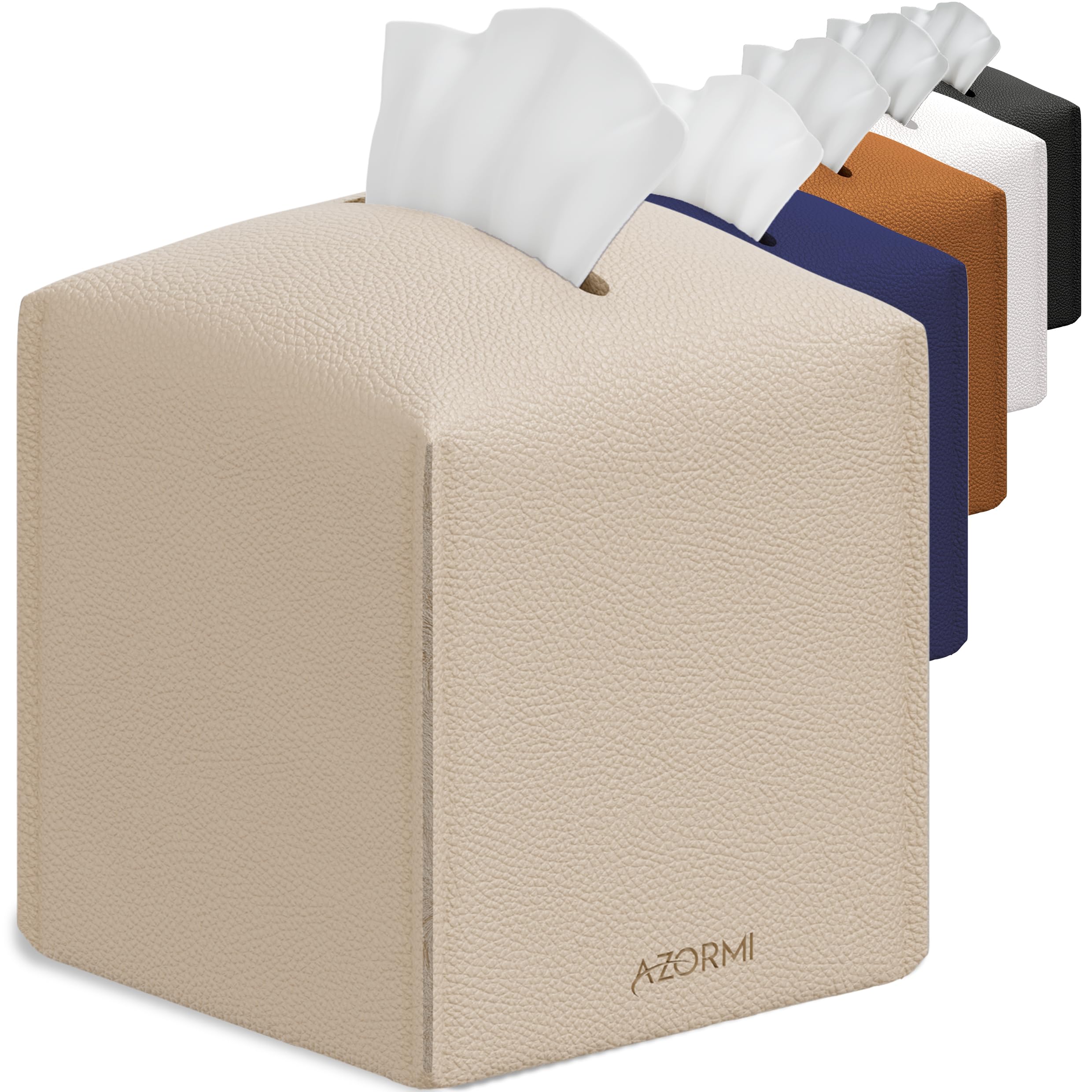 Azormi Faux Leather Tissue Box Cover Square-5”x5”x5” Tissue Holder with Bottom Belt-Decorative Square tissue box cover Beige-Tissue Cover with wide opening a perfect touch for Modern Home Decor(Beige)