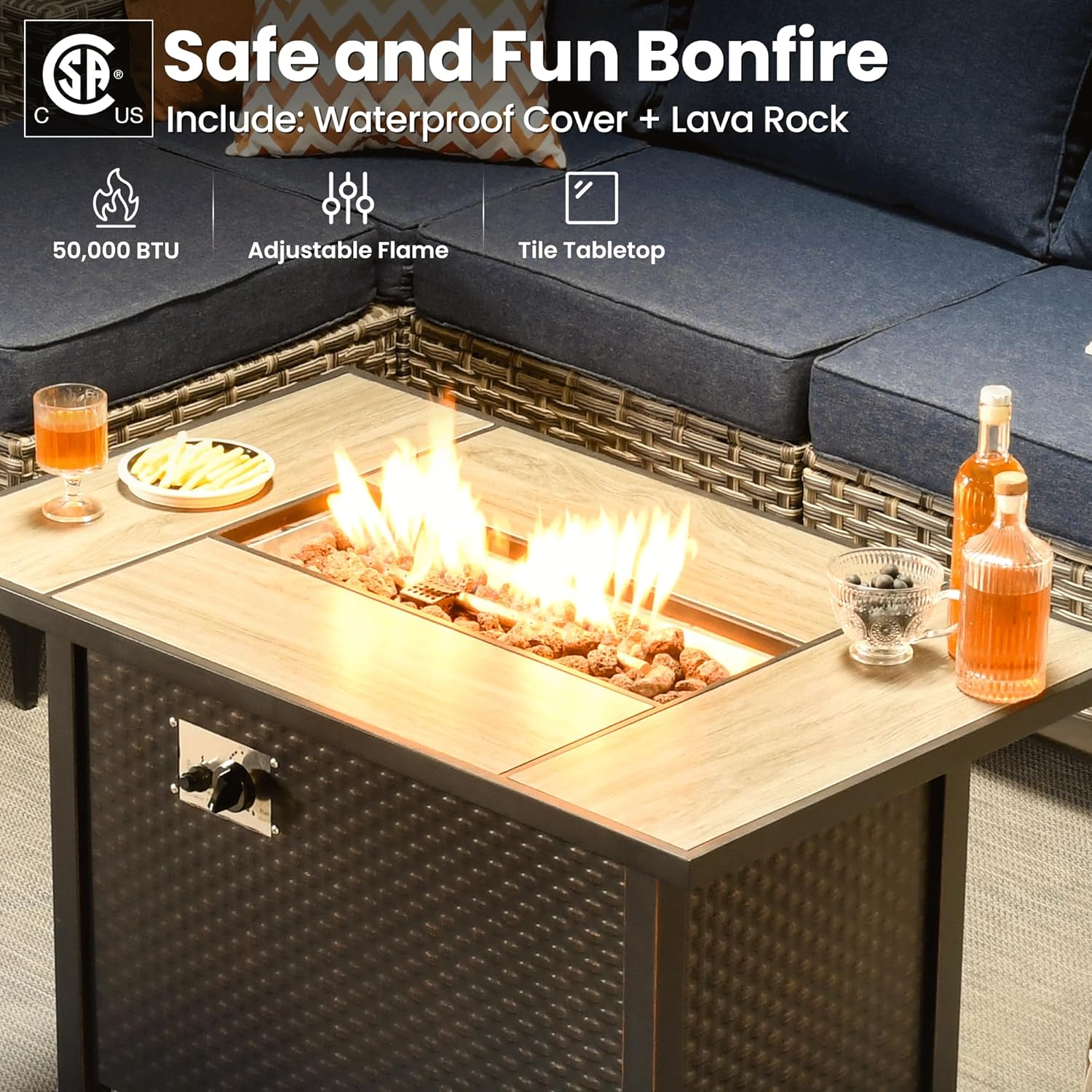 ovios 8-Piece Patio Furniture Set with L-Shape Sofa Chaise, Outdoor Sectional Couch Swivel Gliders Fire Pit Table, Modern Modular Wicker Rattan Conversation Set, Denim Blue