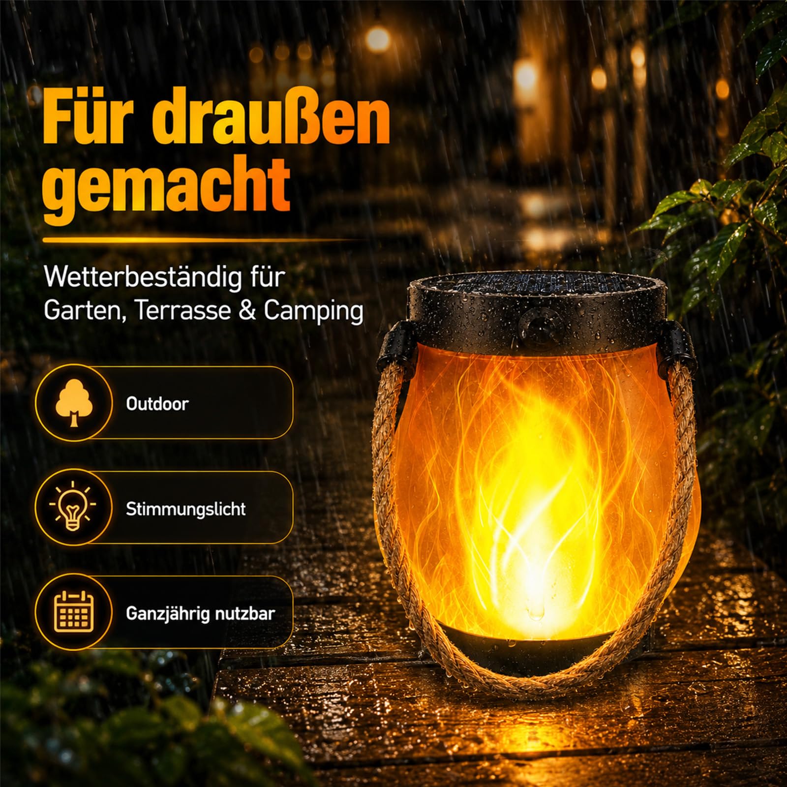 Klynero Solar Laterne Outdoor mit LED-Flammeneffekt, IP65 Wetterfest (2) | Warmer Flammeneffekt, Solar- und USB-C-Ladung, über 10 Std. Licht – ideal für Garten, Balkon und Terrasse.