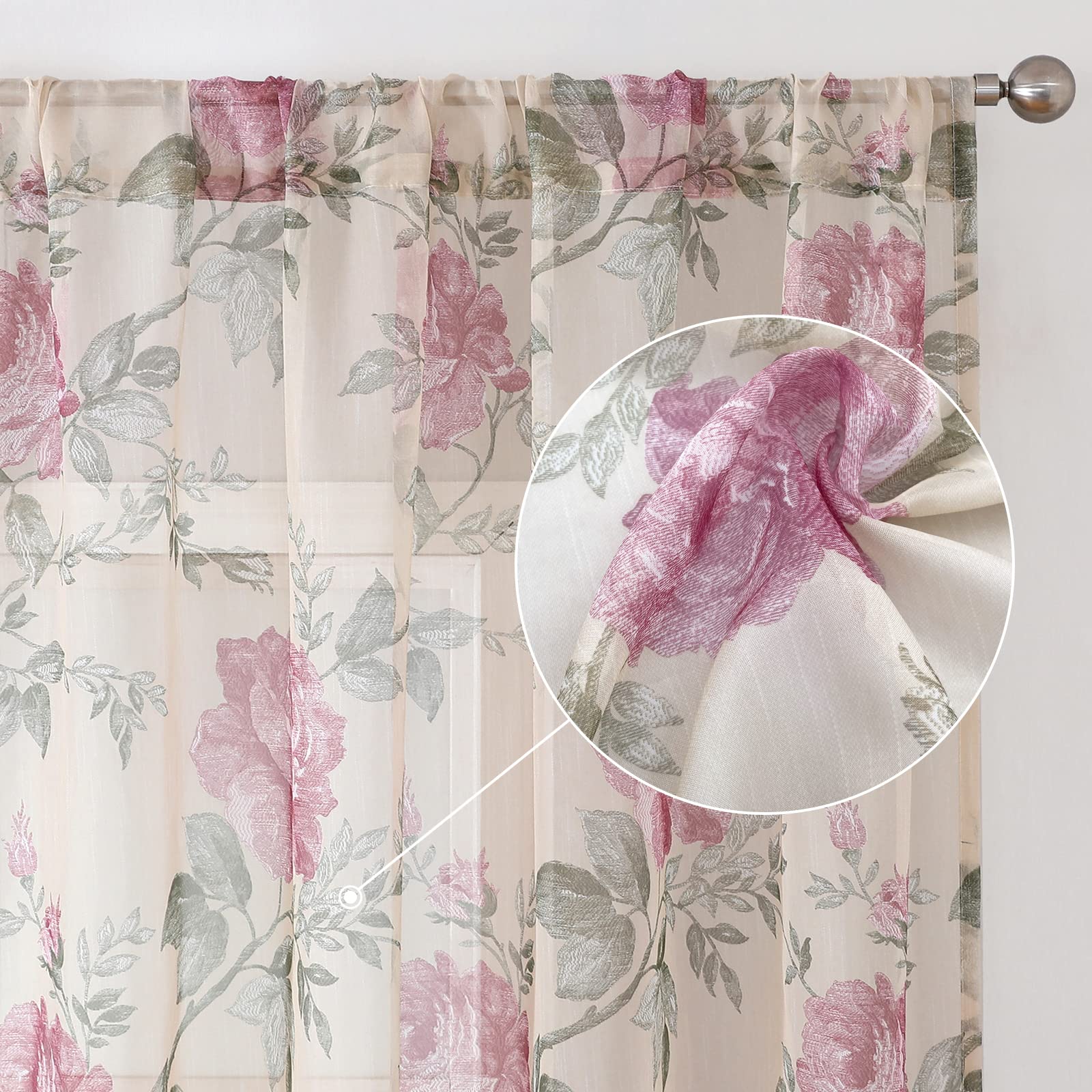 BUHUA Voile Curtains, Semi-Transparent Curtain in Floral Curtains with Ruffle Tape, Curtain Pattern, Transparent Curtains for Living Room, Set of 2, 137 x 140 cm (H x W), Pink - Image 3