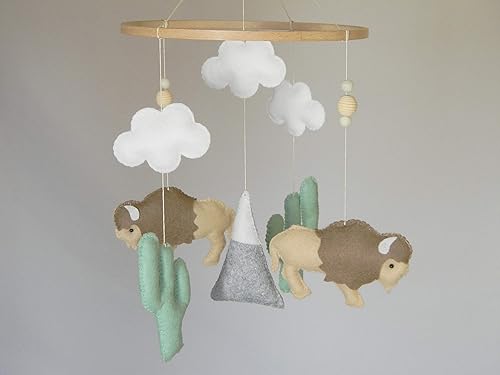 Buffalo nursery mobile Bison baby mobile Cactus crib mobile Buffalo nursery decor Felt mobile baby boy Tribal nursery woodland mobile