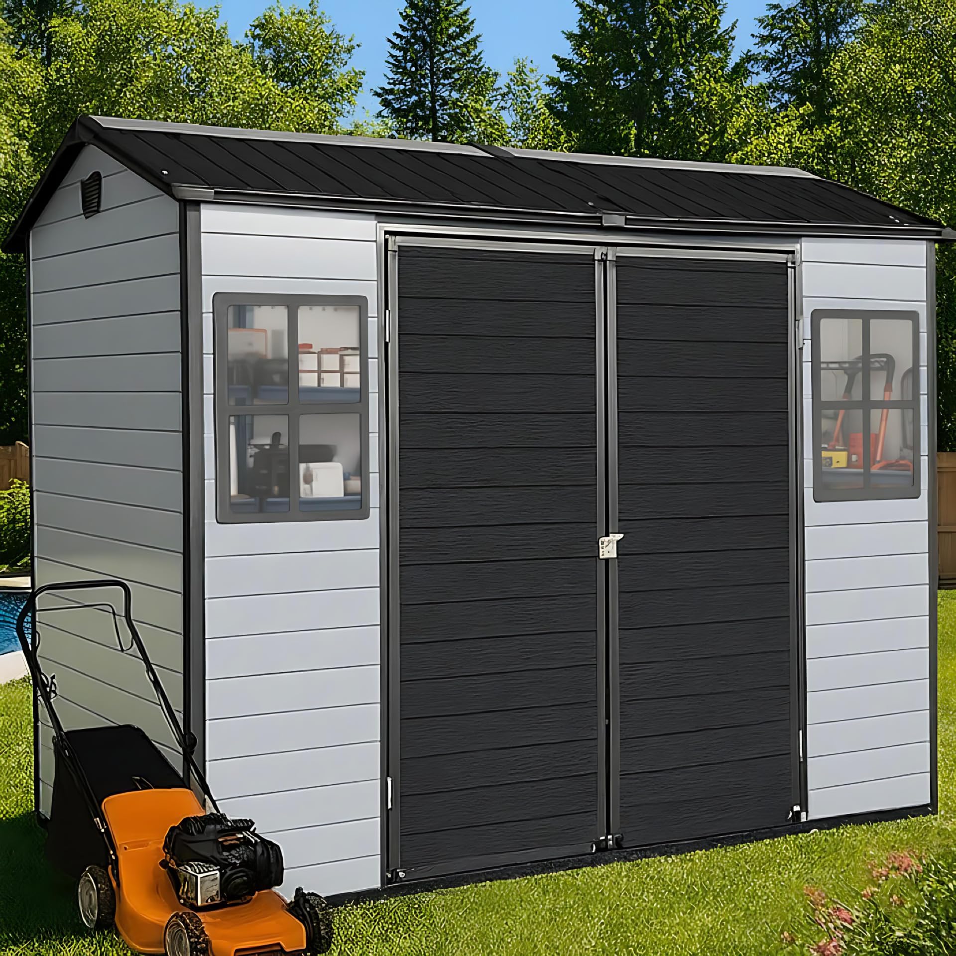 FammyLoft 8x4 FT Resin Storage Shed with Floor Included, Outdoor Plastic Sheds & Outdoor Storage Clearance with 2 Windows and Lockable Door, Backyard