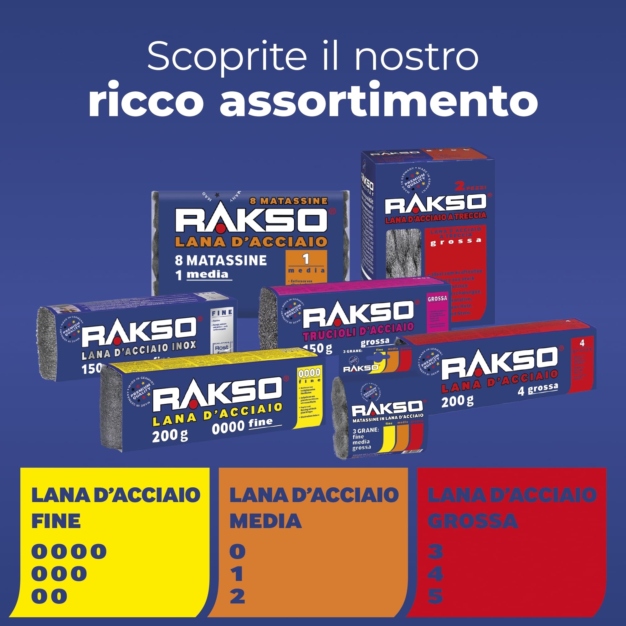 RAKSO Lana d'acciaio, tamponi abrasivi fini medi grossolani 3 pezzi per legno vernice metallo
