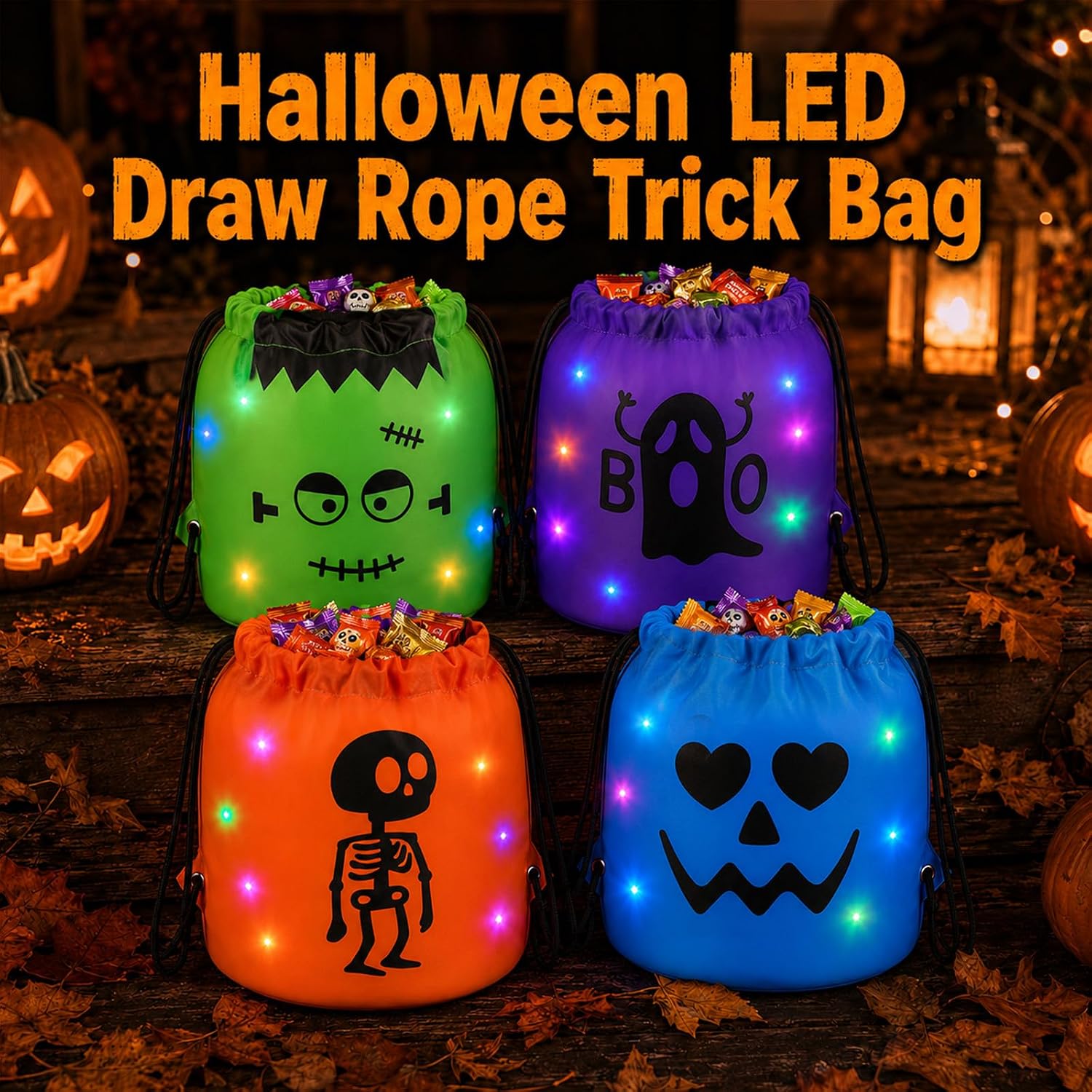 4 Pack Halloween Light Up Trick or Treat Bag Set for 3-8 Kids, Mix
