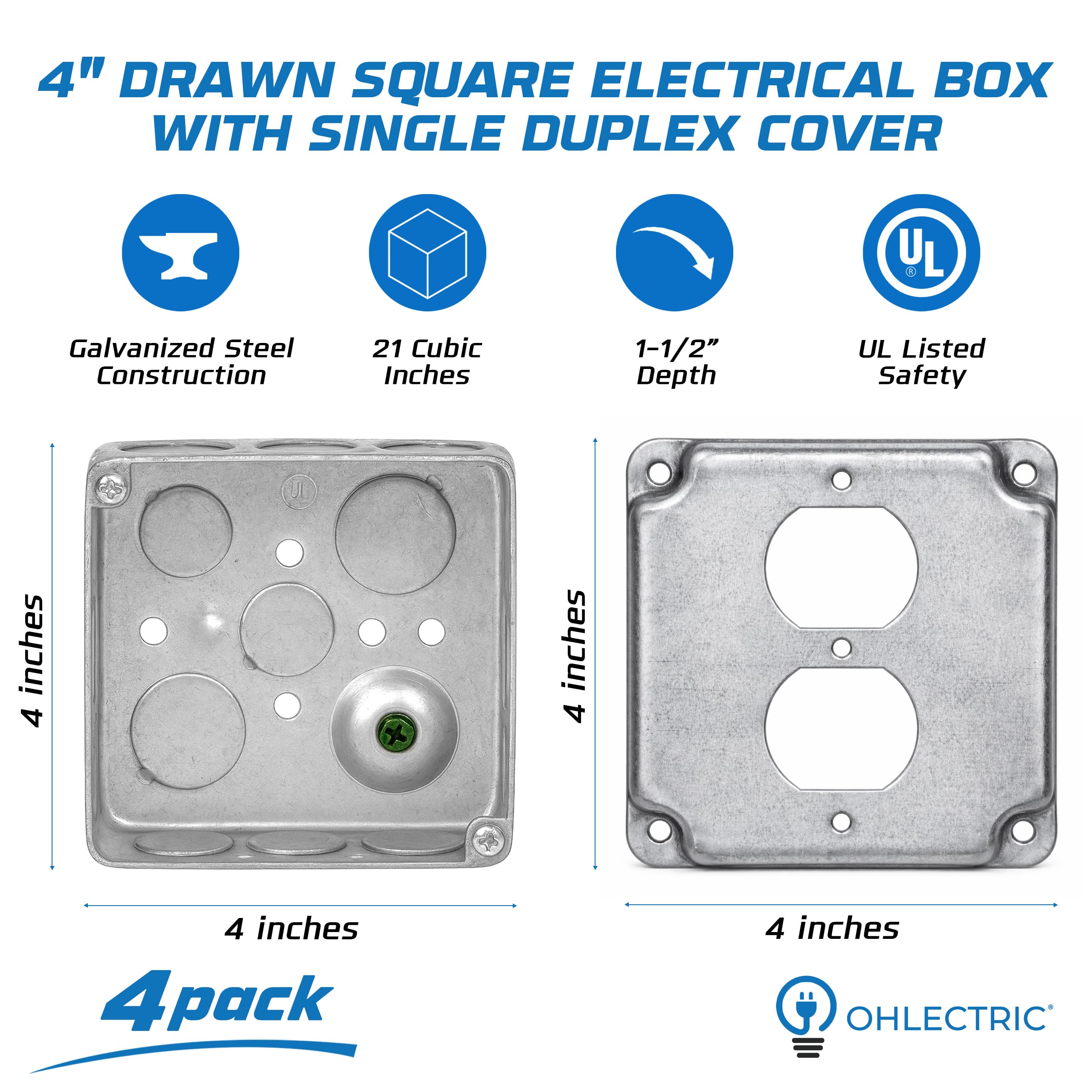 OHLECCTRIC - Scatole di derivazione elettrica 4 x 4 con coperchi (confezione da 4), profondità 3,5 cm, 53,3 cm, terreno rialzato, dieci 1,3 cm e sei 1,9 cm, scatole di uscita in metallo resistente