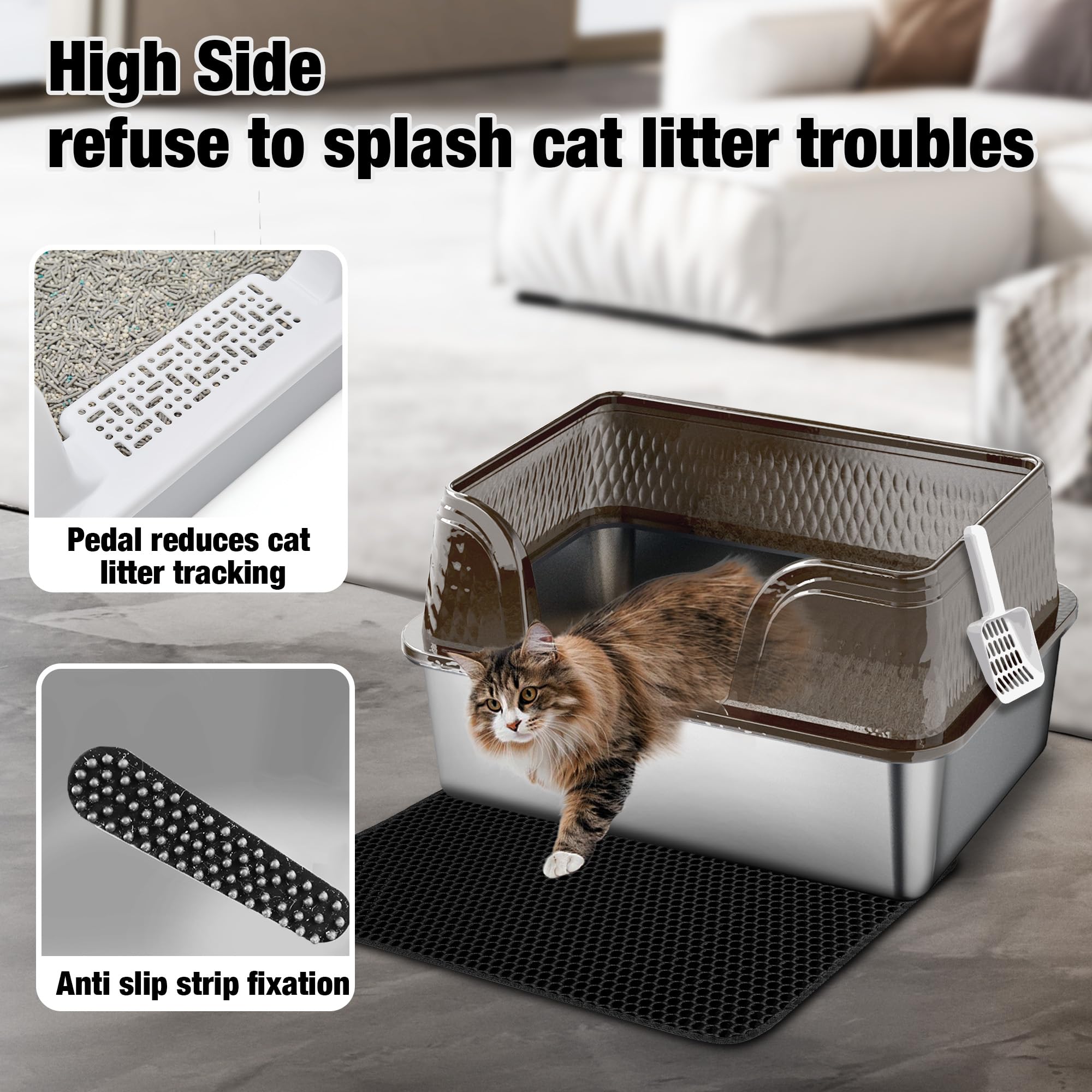 Suhaco Arenero para Gatos de Acero Inoxidable con Barrera (Negro XXL)