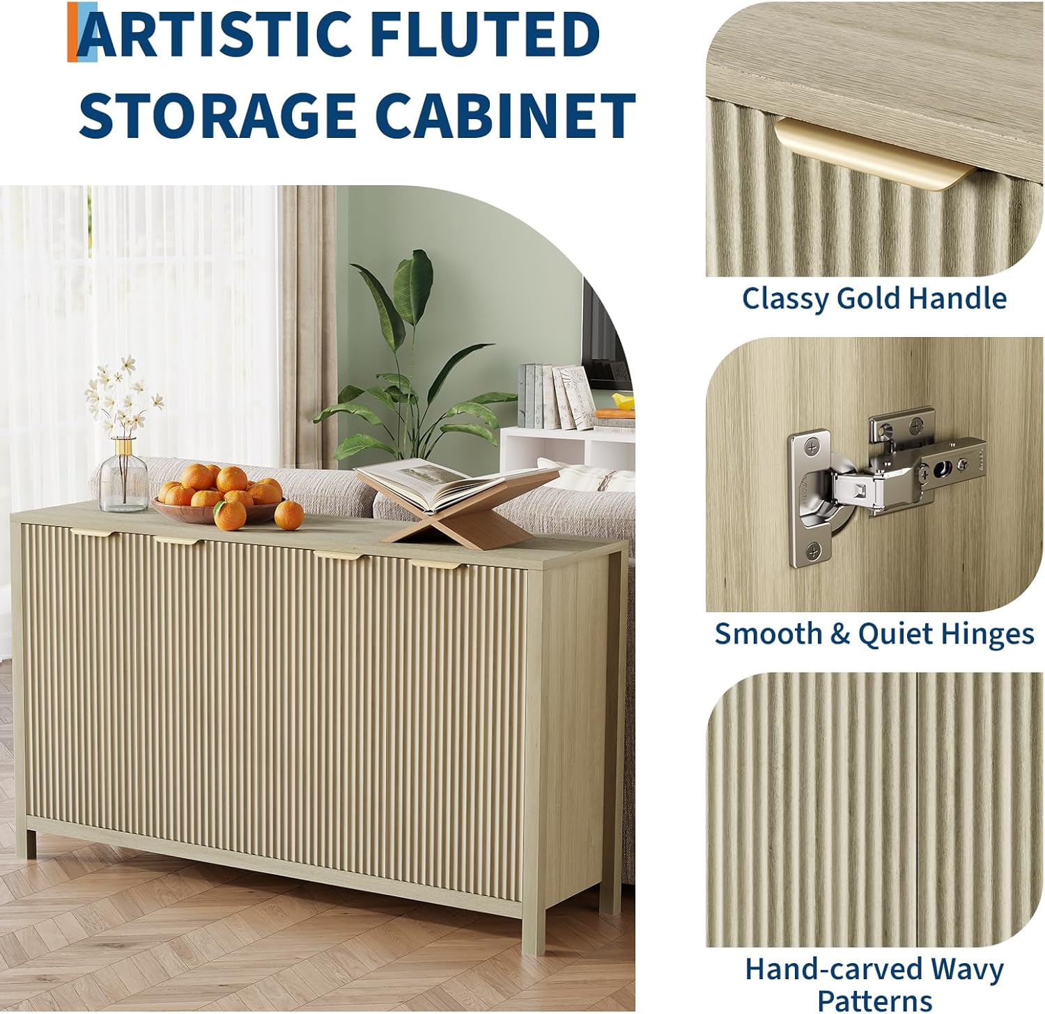 55 Inch Modern Fluted Buffet Cabinet with 4 Doors & Adjustable Shelves, Wood Storage Sideboard Credenza for Dining Room, Living Room & Entryway