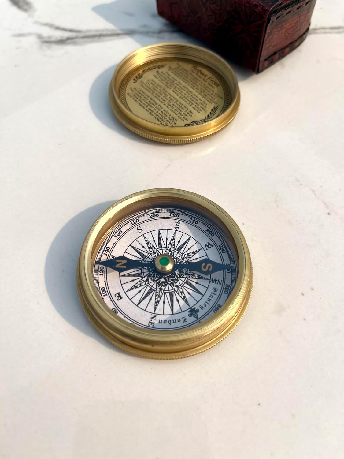Vintage Style Brass Antique Compass with Leather Case Wanderful Engraved Design for Love Husband/Wife Valentine Day Gift Camping 2" in Compass with Calendar