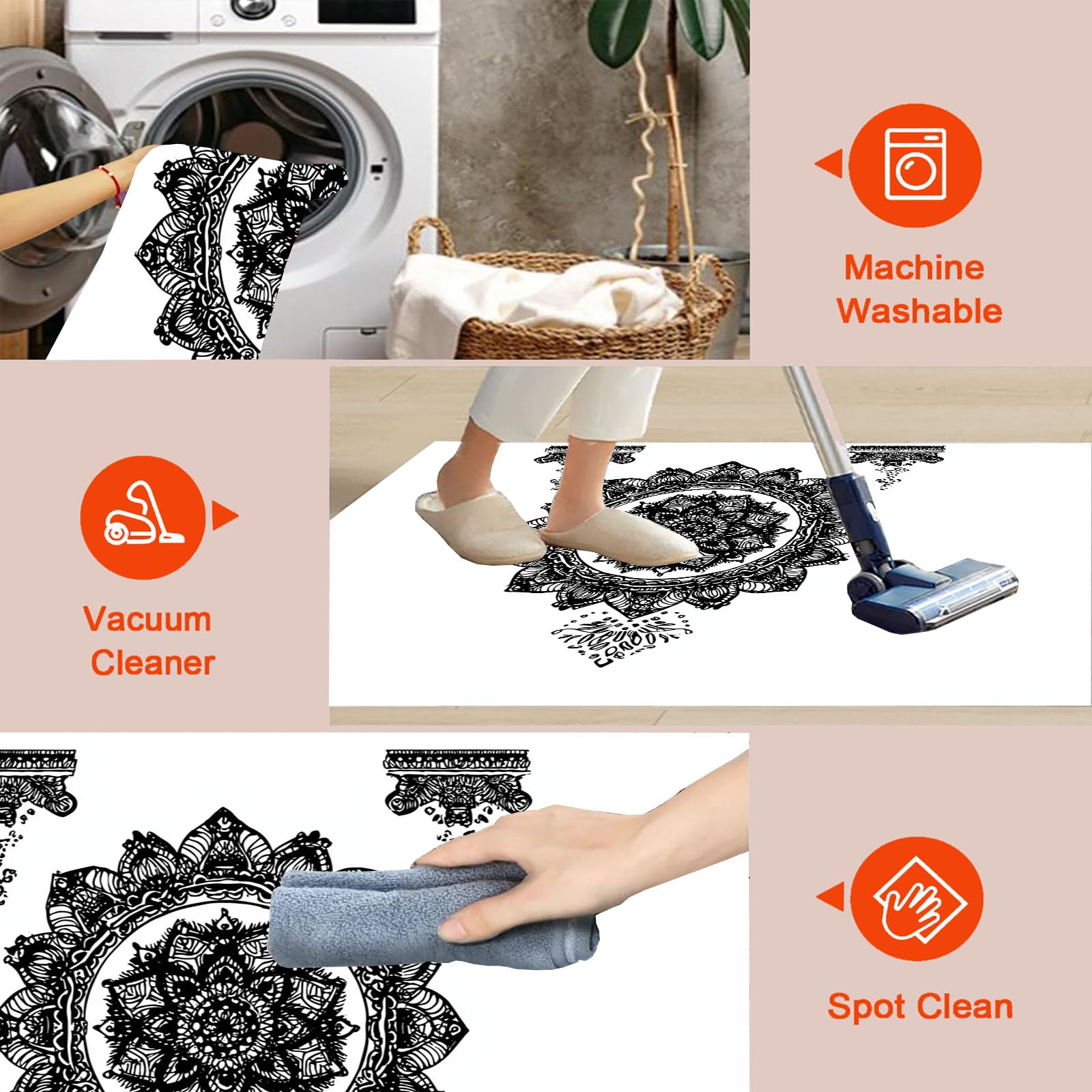 Tapis Rond Mandala Noir Et Blanc pour Salon, 180cm Circulaire Tapis Art Géométrique Minimaliste Douce Lavable Et Antidérapante pour Chambre Intérieure, Blanc