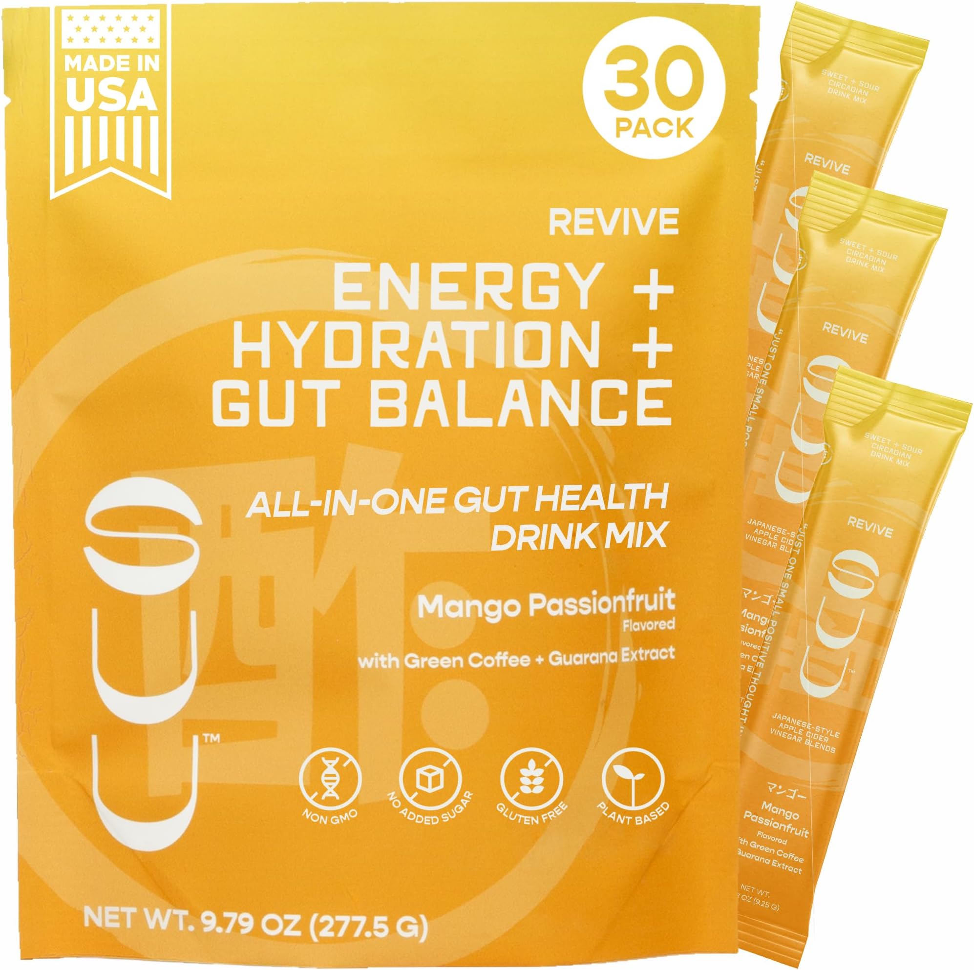 Revive Gut Health Drink Mix|Apple Cider Vinegar Prebiotics,Probiotics Gut Health for Women & Men|Green Coffee,Guarana|Supports Digestive Health, Energy & Hydration|Mango Passionfruit,30 Servings