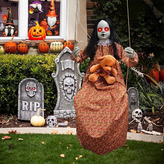 Voice Activated Haunted Hanging Doll with Sounds & Light-Up Eyes for Yard Halloween Displays Motion Activated Glowing Ghostly Ornament with Creaky Sound Effects