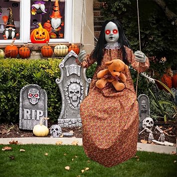 Voice Activated Haunted Hanging Doll with Sounds & Light-Up Eyes for Yard Halloween Displays Motion Activated Glowing Ghostly Ornament with Creaky Sound Effects