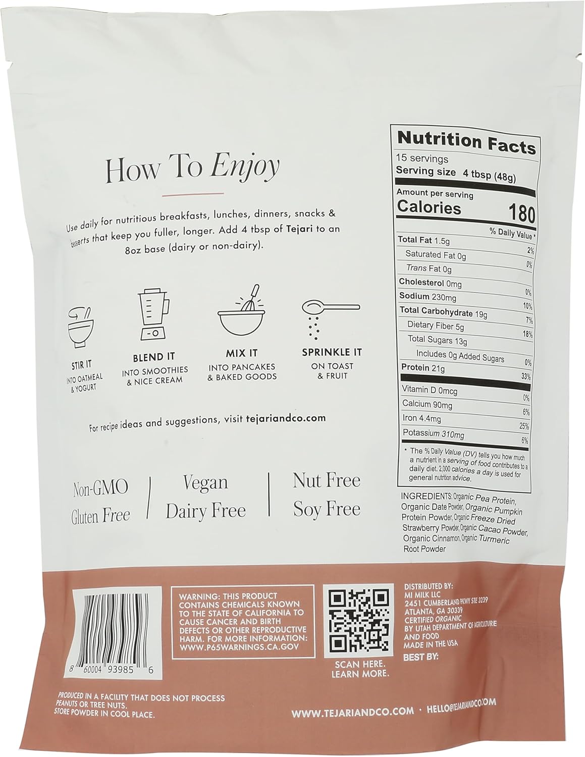 Tejari Organic Cacao + Strawberry Plant Protein, 16 OZ