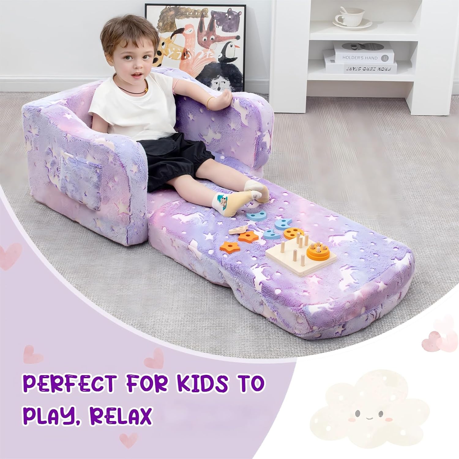 Comfy Toddler Couch and Chair for Kids with Blanket, 2-in-1 Soft Plush Fold Out Kids Sofa Chairs for Girls and Boys, Convertible Sofa to Lounger for Playroom - Image 5
