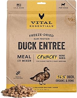 Vital Essentials Freeze Dried Dog Food, Raw Duck Crunchy Mini Nibs | Complete Meal or Topper | 96% Duck, Organs & Bone | Limited Ingredient, High Protein, Grain Free Dry Dog Food | 25 oz Bag
