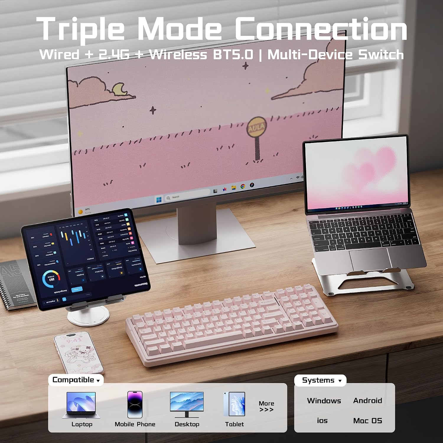 Aula F99 Wireless Silent Mechanical Pink Computer Keyboard with Number Pad