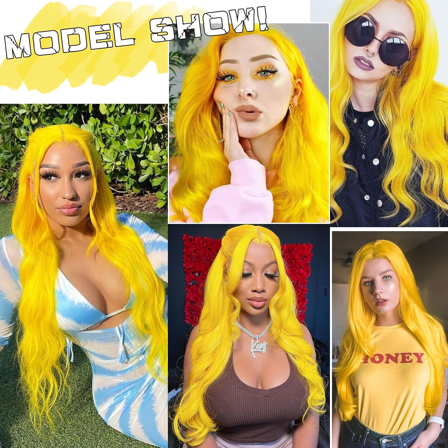 AISI QUEENS Wig for Women - Long Curly Wavy Cute Colorful Synthetic Hair Wigs for Christmas Cosplay & Daily Parties (26inch, Yellow)