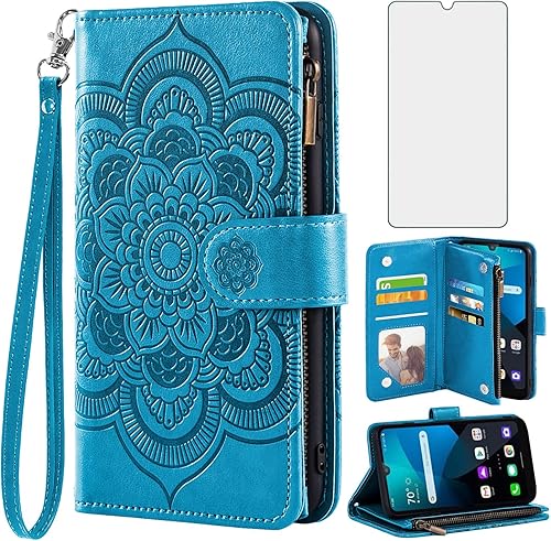 Asuwish Compatible con LG Premier Pro Plus de 6.1 pulgadas, Harmony 4K40SK41 Funda tipo cartera y protector de pantalla de vidrio templado Soporte