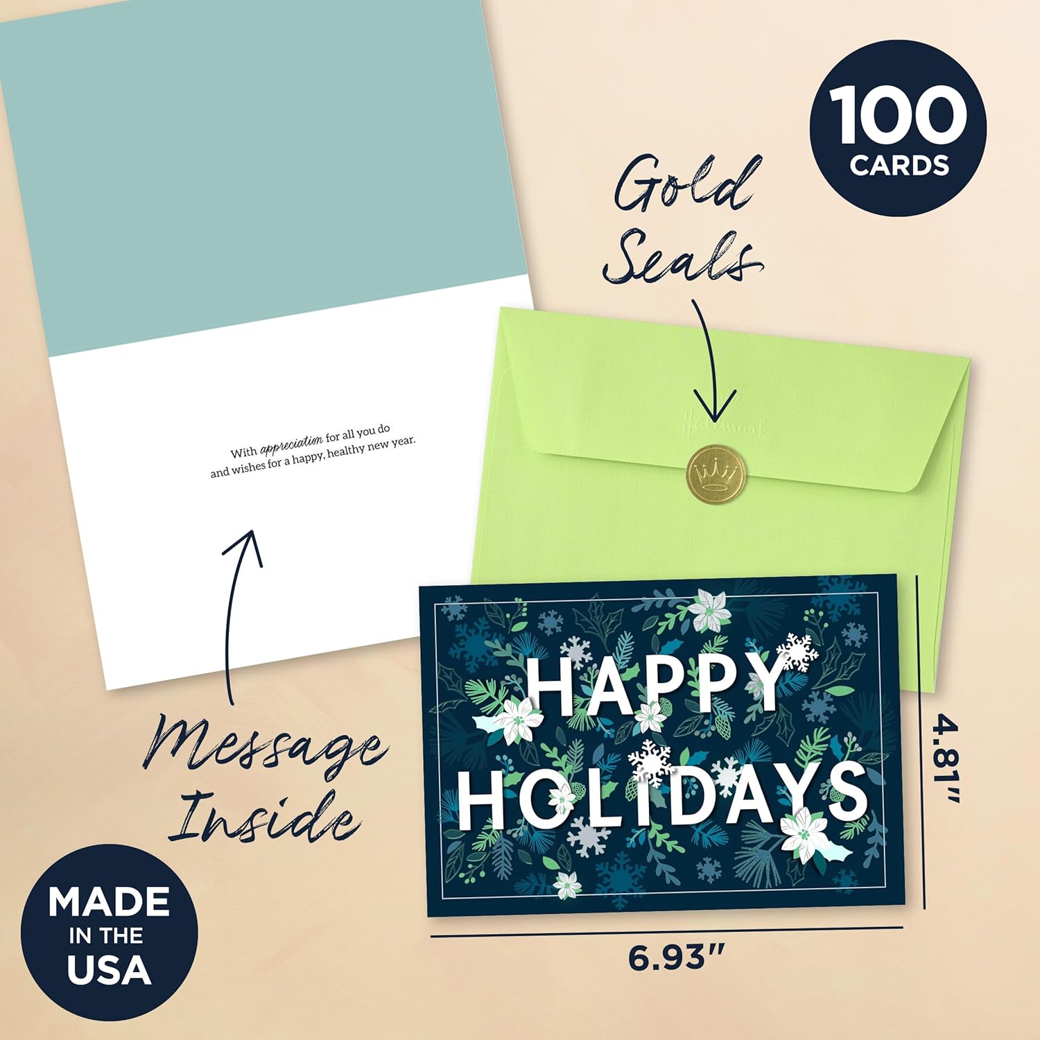 Hallmark Business Bulk 100 Pack Happy Holidays Cards for Employees and Staff (Snowflakes and Foliage), 5x7 Cards, Message Inside, Envelopes Included