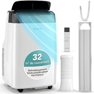SereneLife Climatiseur Mobile Silencieux,7K BTU, Climatiseur Portable 3-en-1 avec Fonction Déshumidificateur Intégrée, Mode Ventilateur, Télécommande, Kit d’Évacuation Complet pour Fenêtre,Blanc