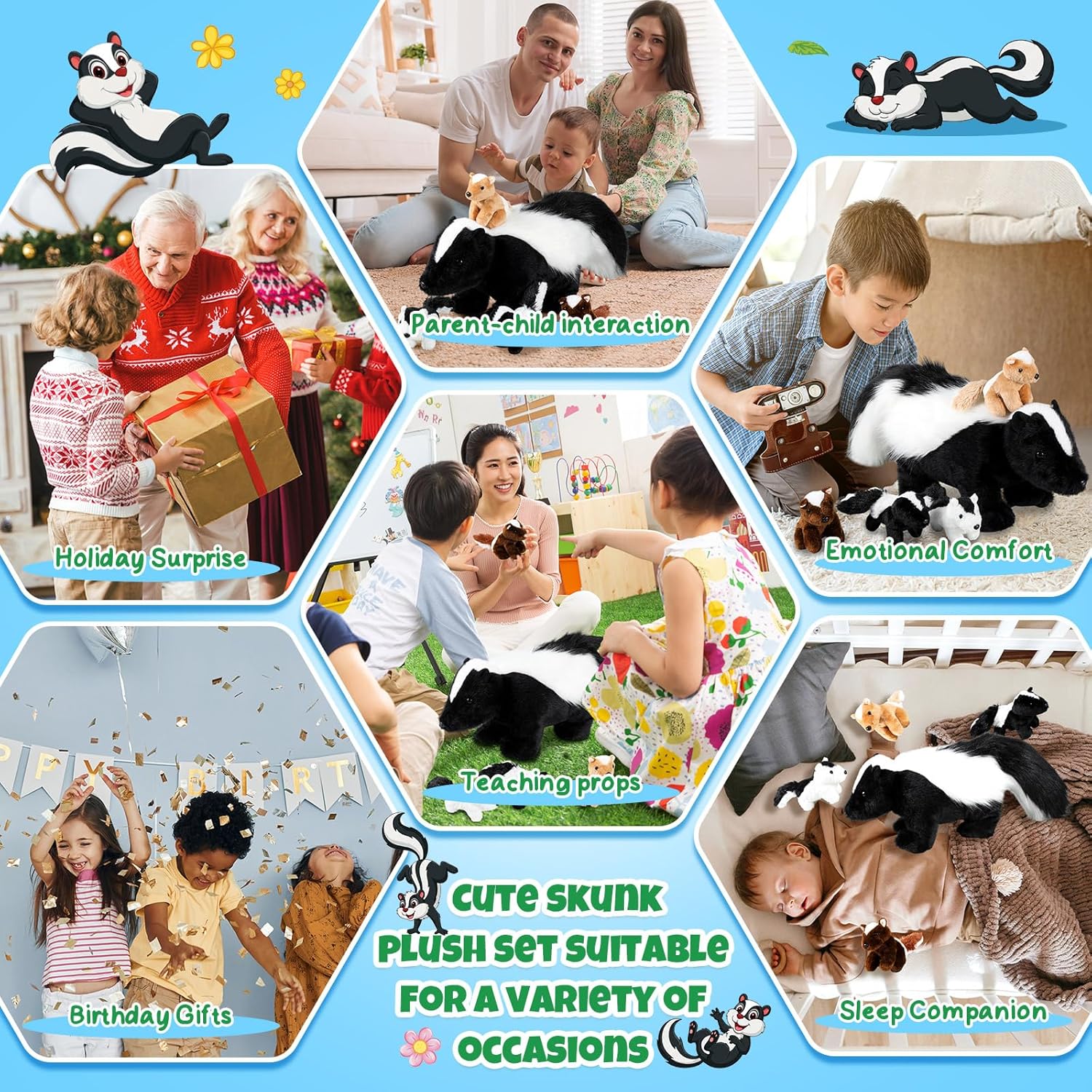 Soulchen 5 Pcs Skunk Plush Toy Set 14 Inch Mommy Skunk Stuffed Animal with 4 Baby Stuffed in Zippered Tummy Nurturing Plushies for Girls Boys Birthday Party Decors Sleeping Companion - Image 6