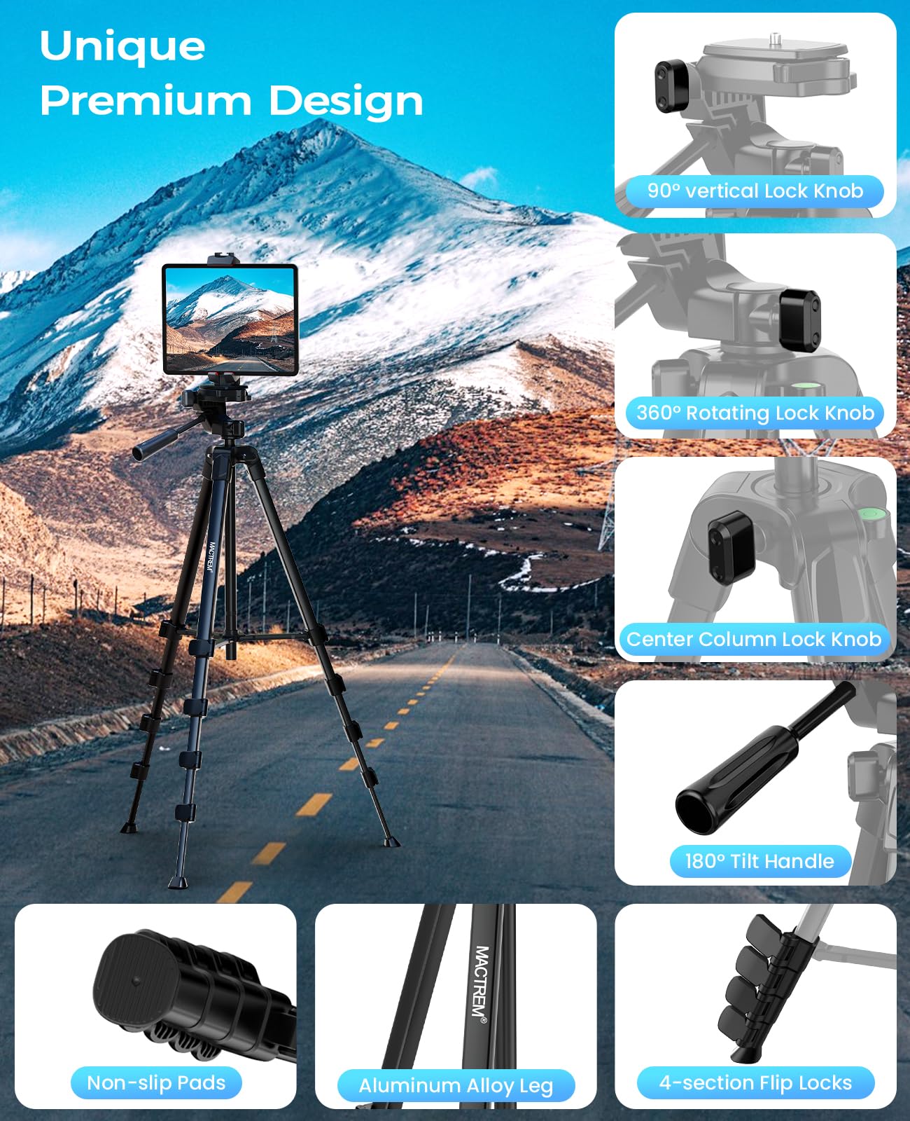 MACTREM 170 cm Aluminium Handy Stativ, Kamera Stativ für Smartphone iPad iPhone Tablet mit 2-in-1 Halterung & Fernauslöser, Tripod Camera für Videoaufnahmen/Selfies/Live-Stream/Vlogging