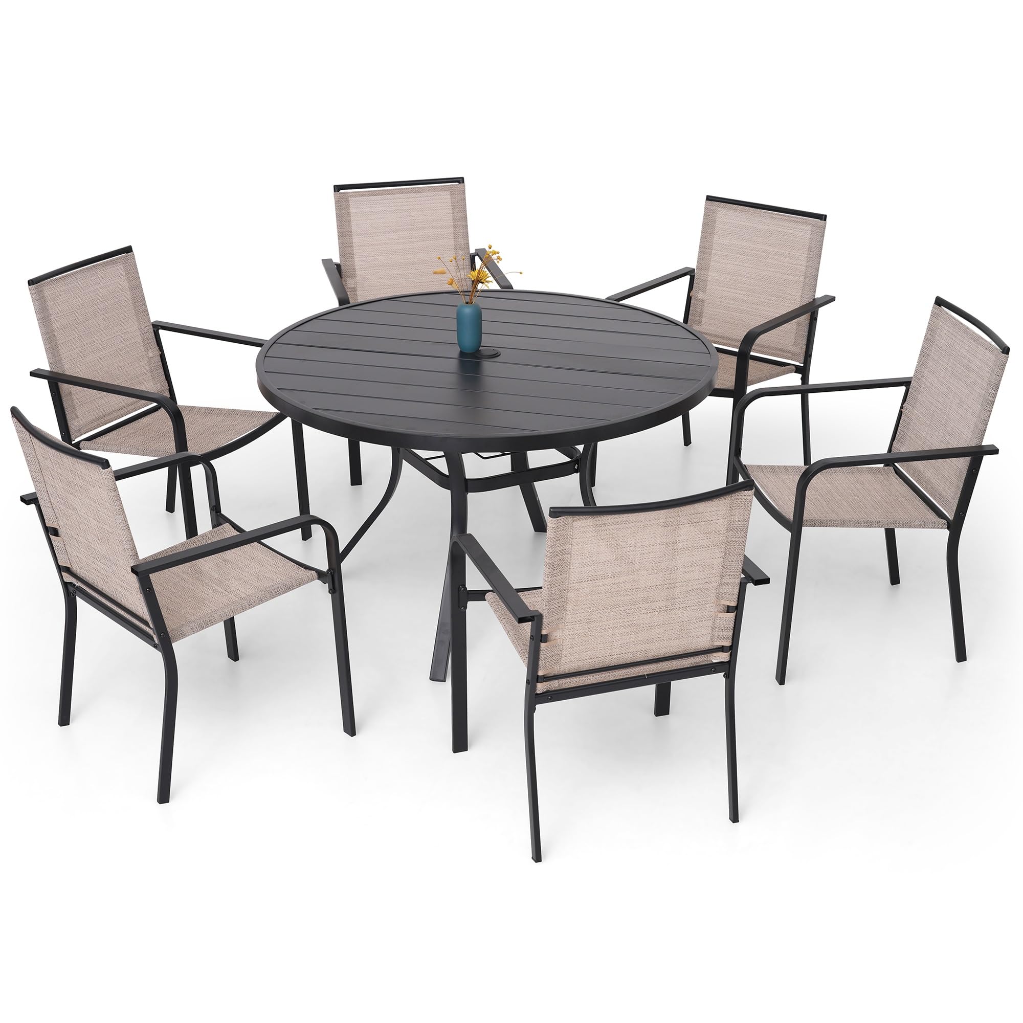 7-Piece Outdoor Dining Set, 6 Stackable Sling Chairs &amp; 48'' Round Table w/Umbrella Hole All Weather Furniture Set for Lawn,Deck,Backyard - Beige White Fabric