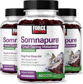 FORCE FACTOR Somnapure Gummies 3-Pack with Melatonin 10mg, Melatonin Gummies, Dream Berry Flavor, 180 Gummies, Purple
