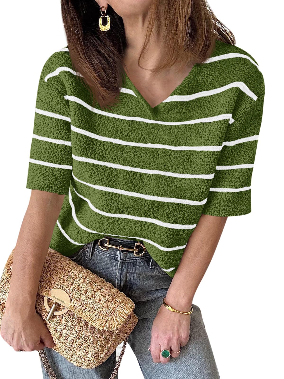 Damen Sommer Kurzarm Strickpullover mit V-Ausschnitt Gestreifter Outfit T-Shirt lockerer Schnitt modischer Freizeit Pullover 2025