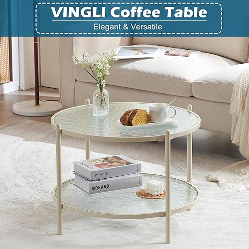 Miniatura 3 de VINGLI Mesa de Centro Redonda Pequeña de 25.6" Blanco Crema con Vidrio de Onda de Agua Círculo Transparente Mesa de Centro, Mesa Central con Diseño