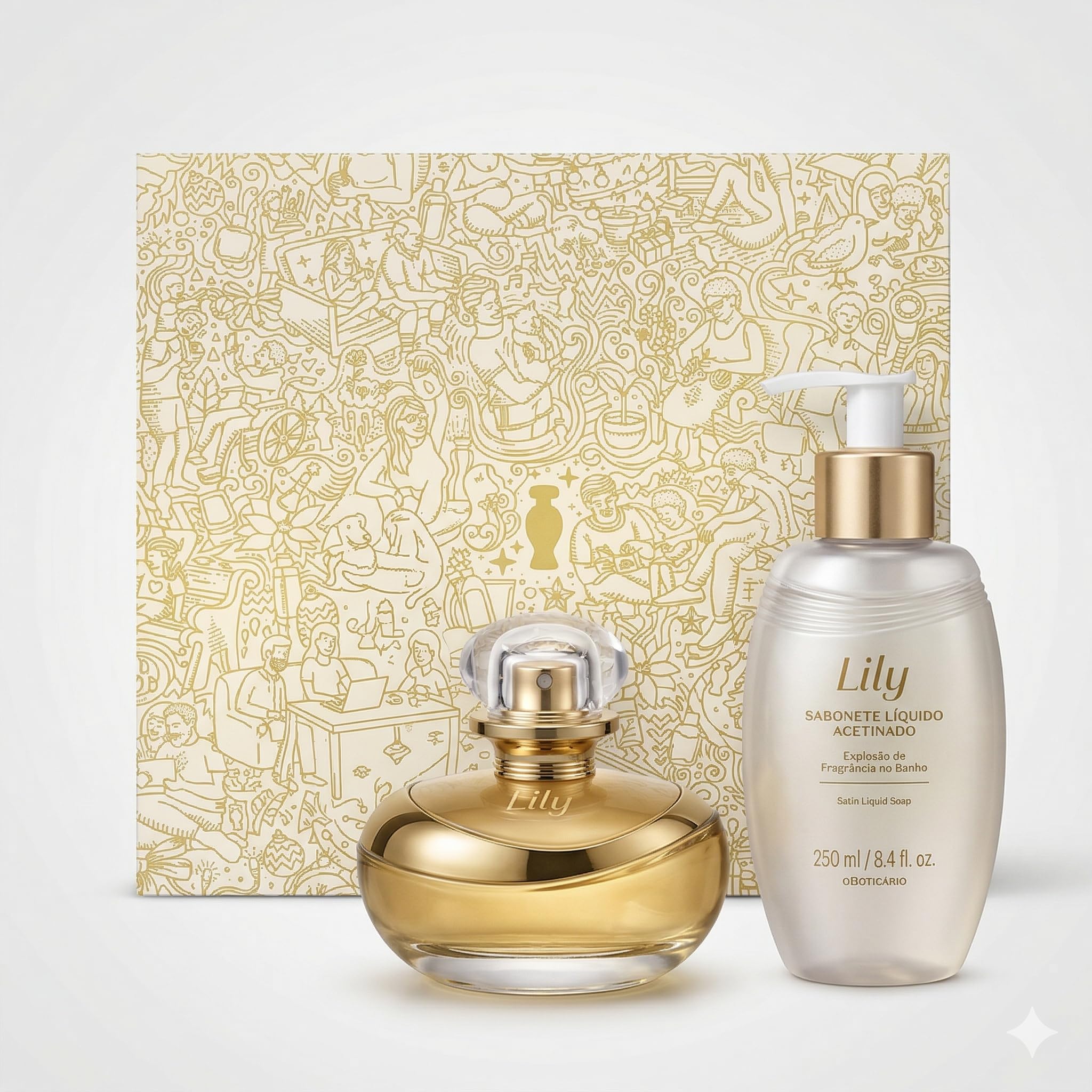 O Boticário Lily Coffret Geschenkset für Damen, 2 Produkte | Lily Eau de Parfum EDP 75 ml und Lily Seife, Satin, 250 ml