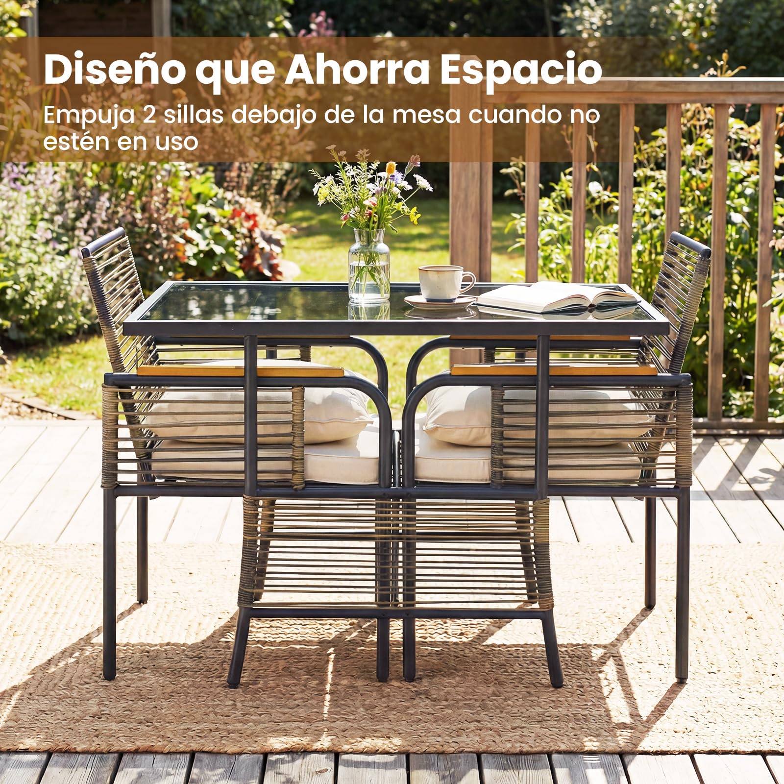 COSTWAY Conjunto de Muebles de Jardín, 3 Piezas de Ratán para Exterior Que Ahorra Espacio con Cojines, Mesa Rectangular de Vidrio y Sillas de Ratán para Balcón, Jardín y Patio (Beige)