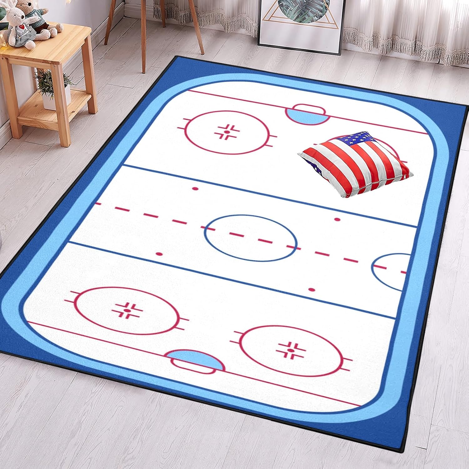 Ice Hockey Rink Printed Area Rug American Ice Hockey Sport Carpet Winter Sport Game Area Rugs Non-Slip Floor Mat for Living Room Bedroom Playroom Decor Gift for Ice Hockey Lovers 3.3' x 5'