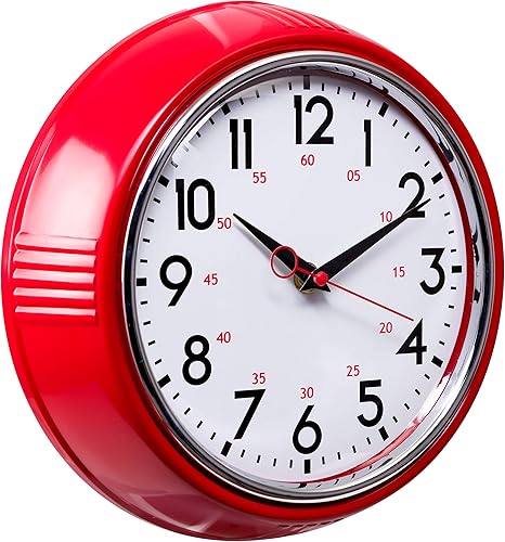 Miniatura 3 de Kiera Grace, reloj de pared retro con bisel cromado y lente de vidrio convexo, de 9.5 pulgadas, Rojo, 9.5"