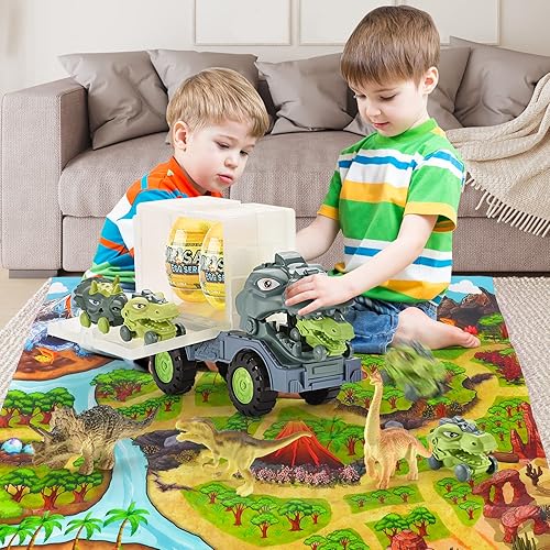 Miniatura 4 de VATOS Juguete de camión de dinosaurio para niños de 3 a 7 años, juego de juguetes de transporte de tiranosaurio Rex con carrito de dinosaurio,