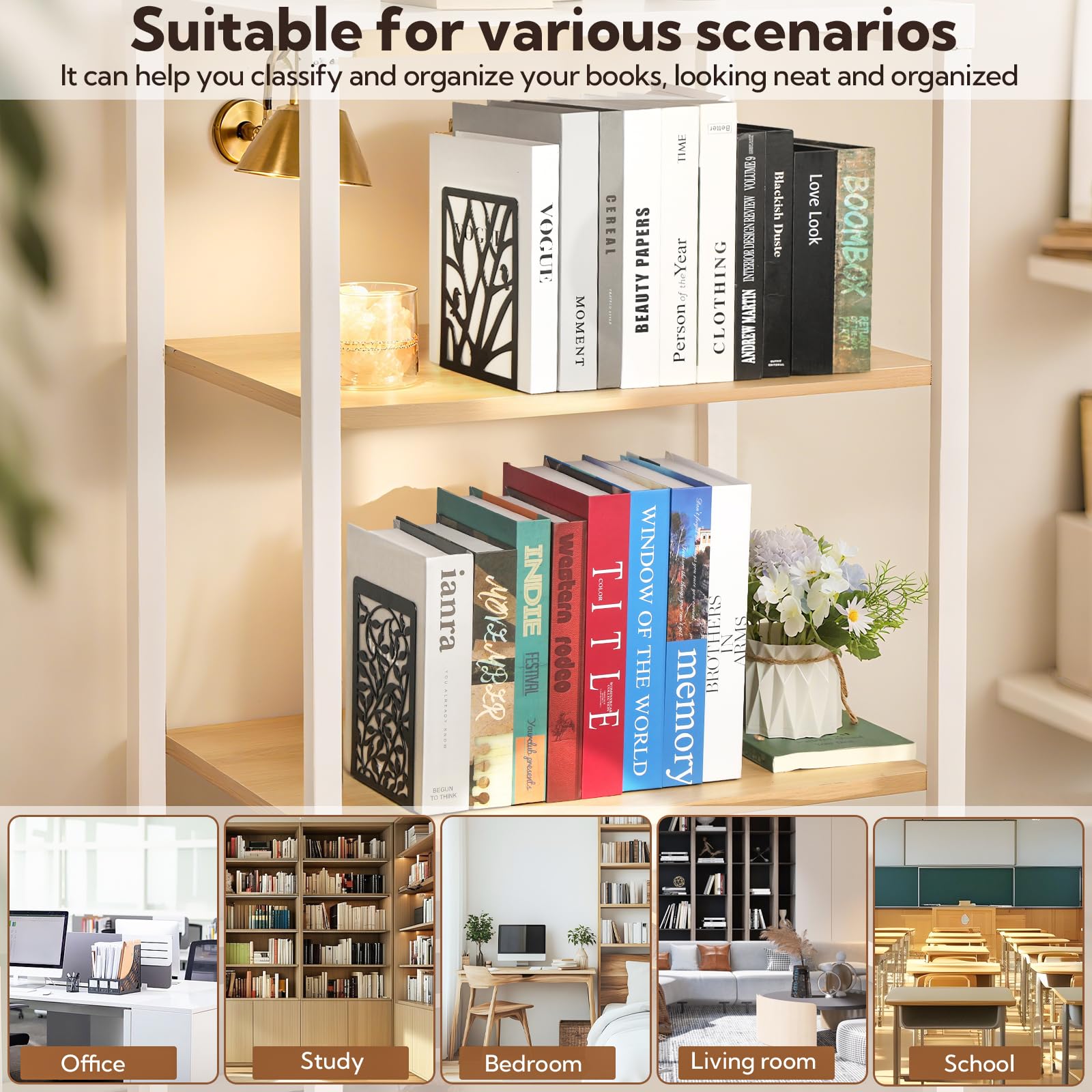 Buchstützen für Regale, robuste Buchstützen, rutschfest, Metall, schwarzes Baum-Design, moderne Buchstützen für Regale, Büro, Zuhause, dekorativer Buchstopper für Bücher, CDs, 10 Paar, 20 Stück