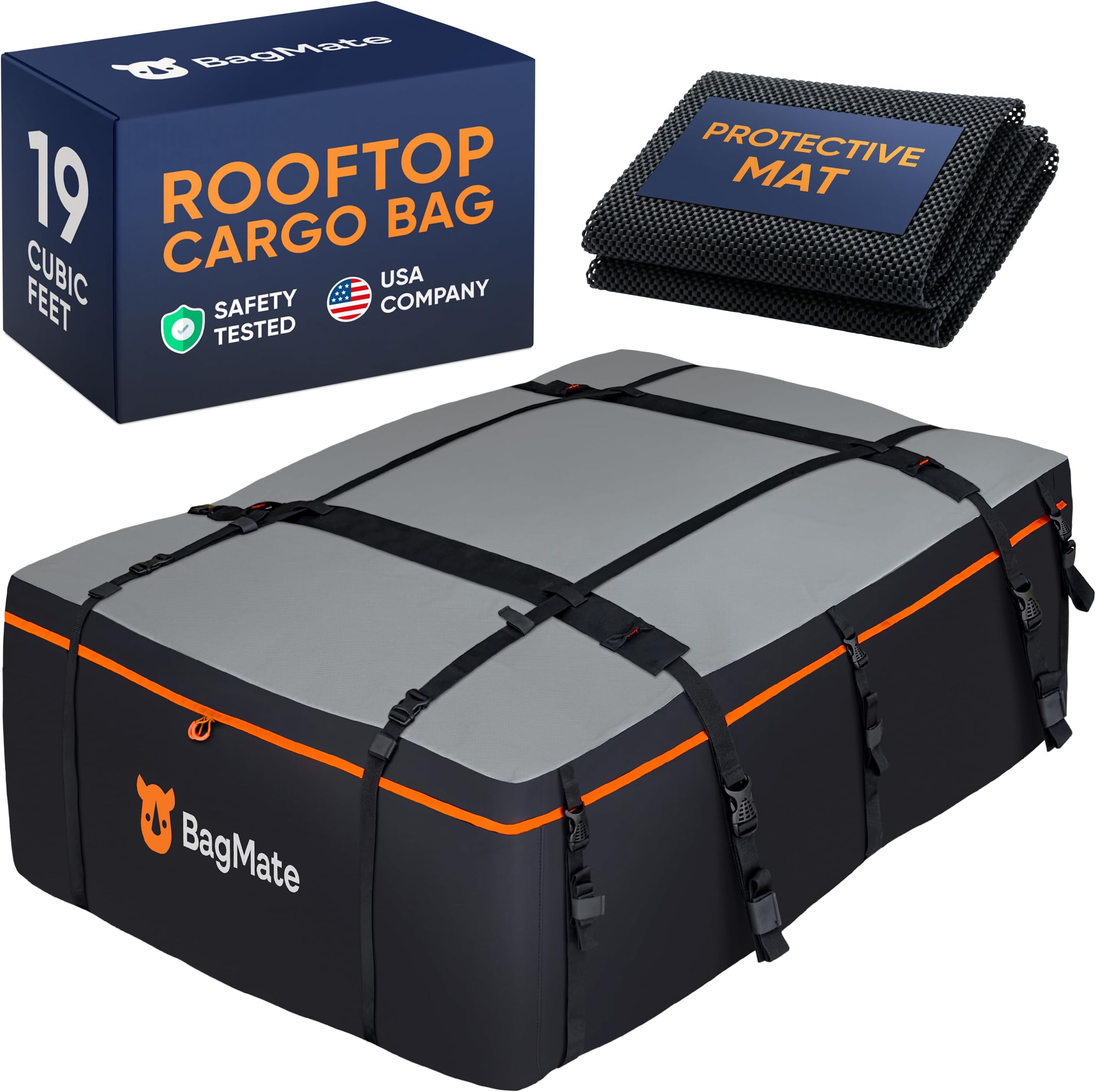19 Cubic Feet Roof Bag – Safety Tested Heavy-Duty Waterproof Rooftop Cargo Carrier for All Cars & SUVs (with or Without Rack) – Includes Protective Mat & Storage Bag – Military-Grade 840D PVC